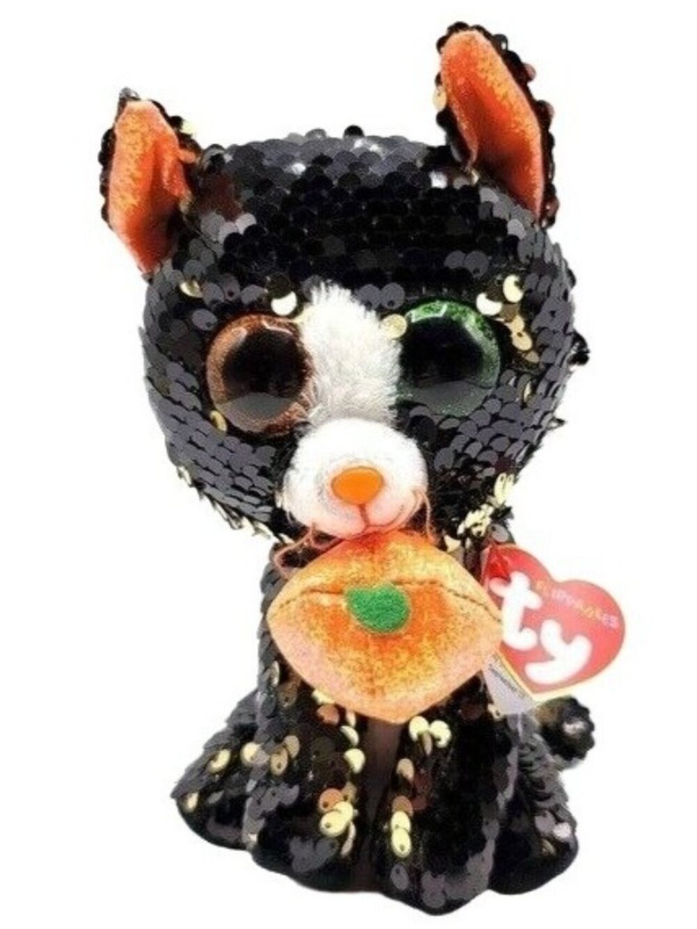 Ty Flippables Halloween Jinx Cat Plush Black Gold 7.5" Pumpkin Sequin Heart 2010